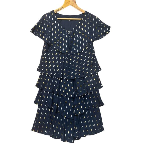 SLNY Size 18 Navy Blue Tiered Dress Cocktail Metallic Star Pattern Evening - Picture 1 of 10
